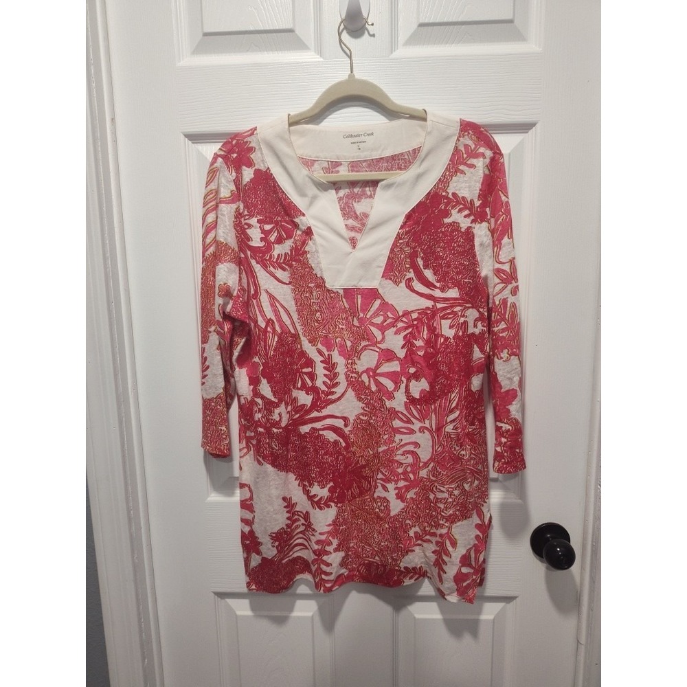 Coldwater Creek Tunic Womens Size L‎ or 14 Colorful Tropical Linen Blend Popover